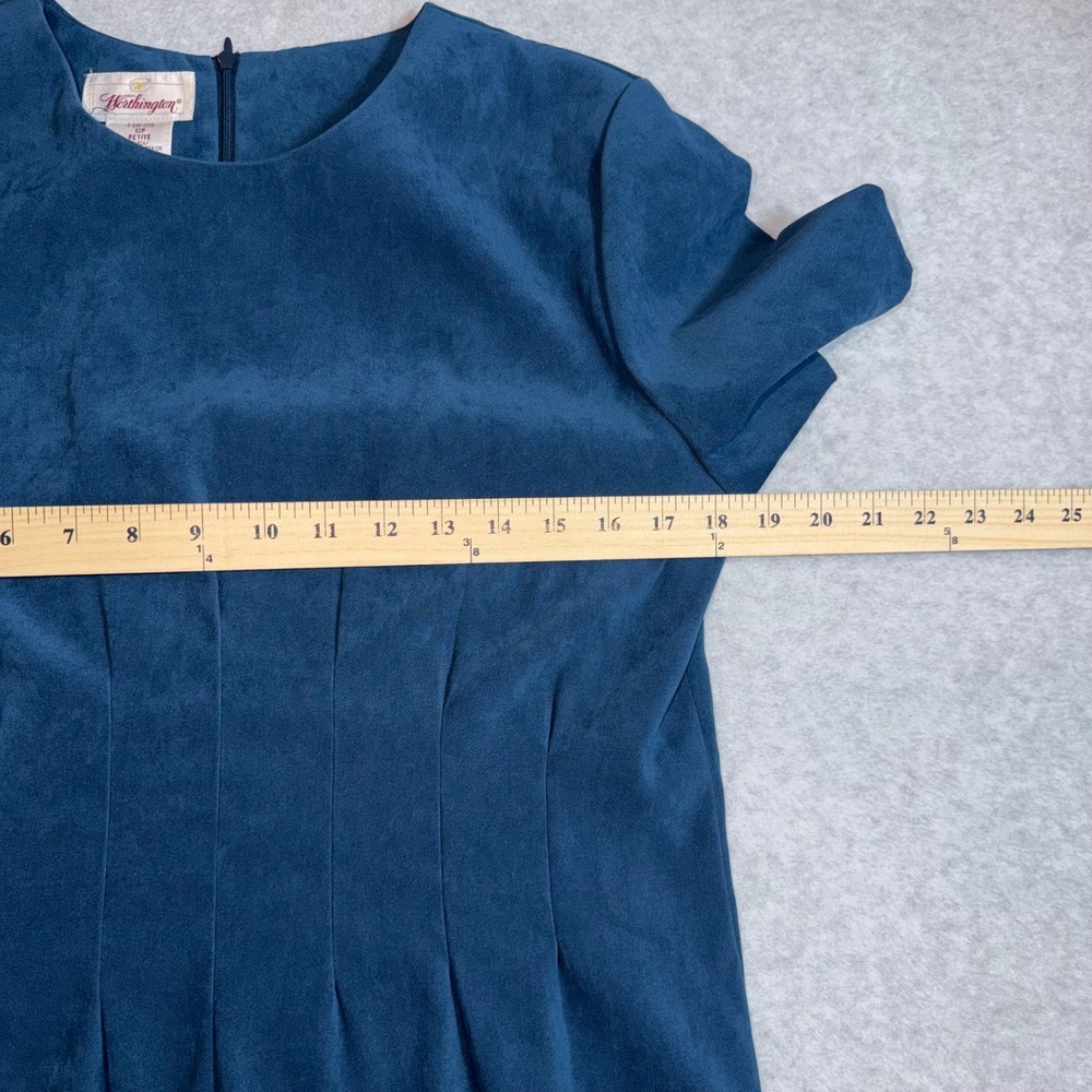 Vintage Worthington Sheath Dress 12P Dark Teal Faux Suede Pleated Short Sleeve - Picture 12 of 12